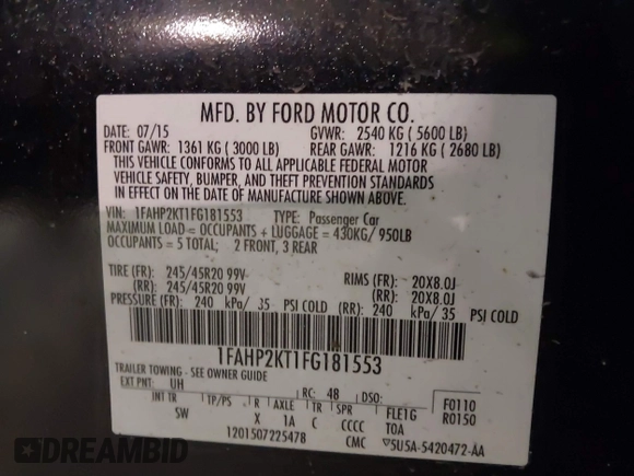 2015 Ford Taurus SHO with VIN 1FAHP2KT1FG181553, listed as a IAAI auction lot 41375137 with 121,006 mi miles and . Bid and sale history available at DreamBid. Image 9.