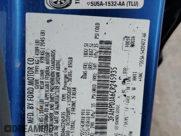 2012 Ford Fusion SEL with VIN 3FAHP0JA6CR245935, listed as a Copart auction lot 44125735 with 249,867 mi miles and Salvage Title. Bid and sale history available at carsss.com. Image 13.