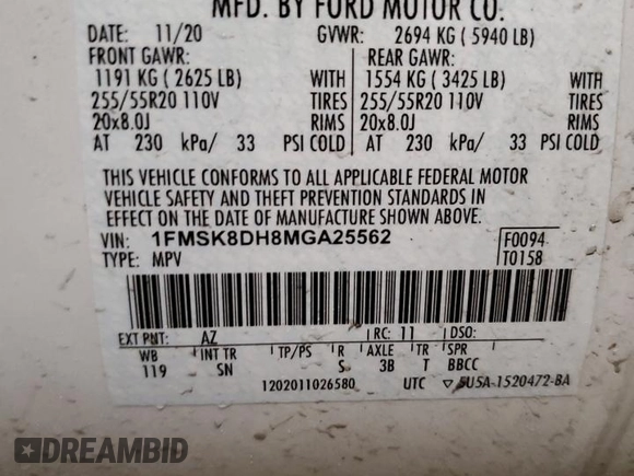 2021 Ford Explorer XLT with VIN 1FMSK8DH8MGA25562, listed as a Copart auction lot 42580855 with 35,462 mi miles and Salvage Title. Bid and sale history available at carsss.com. Image 13.