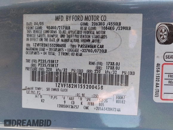 2005 Ford Mustang GT Deluxe z VIN 1ZVFT82H155200458, wystawiony jako IAAI lot #42273923 z przebiegiem 136 008 mil mil oraz . Historia ofert i sprzedaży dostępna na DreamBid. Obrazek 9.