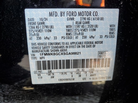2025 Ford Explorer ST with VIN 1FMWK8GCXSGA98821, listed as a Copart auction lot 48538895 with 3,511 mi miles and Salvage Title. Bid and sale history available at carsss.com. Image 13.