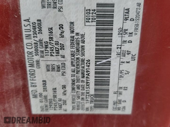 2000 Ford Ranger XLT z VIN 1FTZR15X9YPA91426, wystawiony jako Copart lot #52104665 z przebiegiem 182 145 mil mil oraz Szkoda całkowita • Salvage title. Historia ofert i sprzedaży dostępna na DreamBid. Obrazek 12.