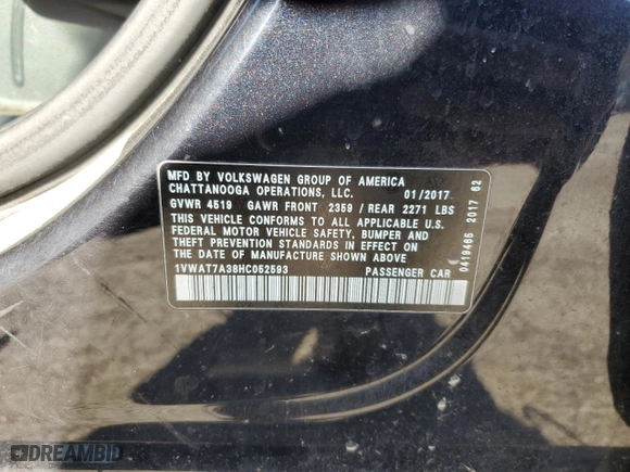 2017 Volkswagen Passat 1.8T S with VIN 1VWAT7A38HC052593, listed as a Copart auction lot 53720235 with 129,662 mi miles and Clean Title. Bid and sale history available at carsss.com. Image 12.