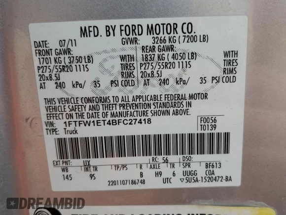 2011 Ford F-150 XLT with VIN 1FTFW1ET4BFC27418, listed as a Copart auction lot 51737725 with 268,255 mi miles and Salvage Title. Bid and sale history available at carsss.com. Image 12.