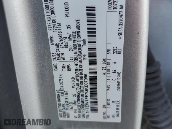 2016 Ford F-150 XLT with VIN 1FTEW1EF7GKE07996, listed as a Copart auction lot 52778085 with 170,398 mi miles and Salvage Title. Bid and sale history available at DreamBid. Image 12.