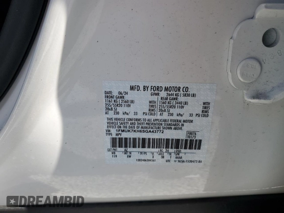 2025 Ford Explorer ST-Line with VIN 1FMUK7KH6SGA43772, listed as a Copart auction lot 53444695 with Not provided miles and Non repairable. Bid and sale history available at DreamBid. Image 14.