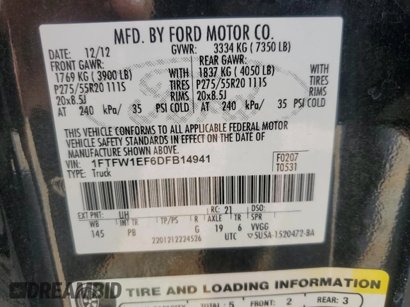2013 Ford F-150 XL with VIN 1FTFW1EF6DFB14941, listed as a Copart auction lot 50497275 with 176,672 mi miles and Salvage Title. Bid and sale history available at DreamBid. Image 14.