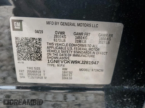 2019 Chevrolet Traverse LT Cloth z VIN 1GNEVGKW9KJ281947, wystawiony jako Copart lot #55349625 z przebiegiem 86 559 mil mil oraz Szkoda całkowita • Salvage title. Historia ofert i sprzedaży dostępna na DreamBid. Obrazek 13.