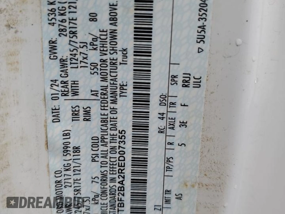 2024 Ford F-250 XL with VIN 1FTBF2BA2RED07355, listed as a Copart auction lot 63647215 with Not provided miles and Salvage title. Bid and sale history available at DreamBid. Image 12.