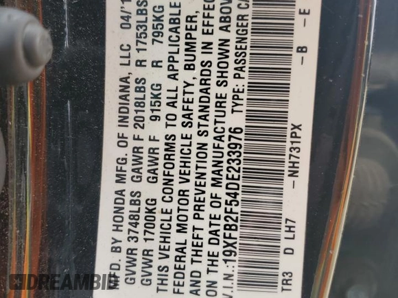 2013 Honda Civic LX with VIN 19XFB2F54DE233976, listed as a Copart auction lot 50965575 with 155,571 mi miles and Salvage Title. Bid and sale history available at DreamBid. Image 12.