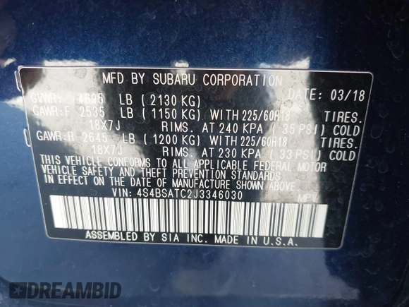 2018 Subaru Outback Touring with VIN 4S4BSATC2J3346030, listed as a IAAI auction lot 41498693 with 62,306 mi miles and . Bid and sale history available at DreamBid. Image 9.