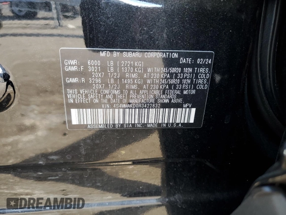 2024 Subaru Ascent Onyx Limited with VIN 4S4WMAKD0R3422832, listed as a Copart auction lot 73406224 with 2,663 mi miles and Salvage title. Bid and sale history available at DreamBid. Image 12.