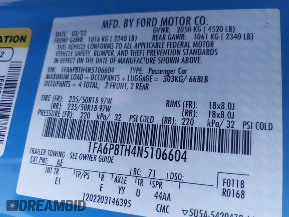 2022 Ford Mustang EcoBoost with VIN 1FA6P8TH4N5106604, listed as a IAAI auction lot 41279530 with 49,110 mi miles. Bid and sale history available at carsss.com. Image 9.