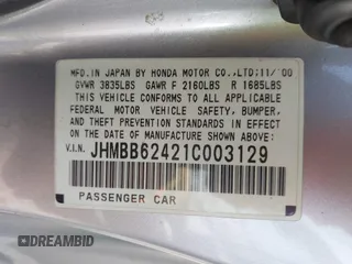 2001 Honda Prelude with VIN JHMBB62421C003129, listed as a IAAI auction lot 41989431 with 225,130 mi miles and . Bid and sale history available at DreamBid. Image 9.