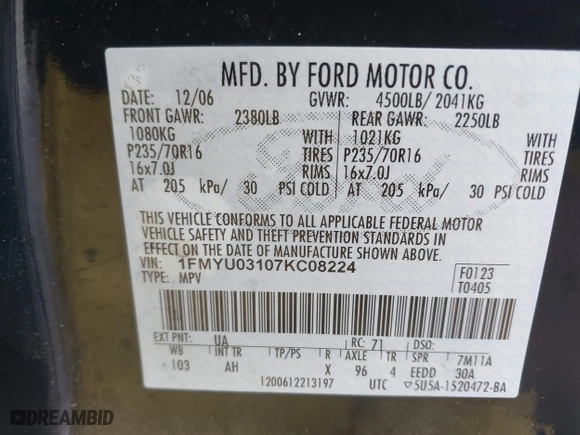 2007 Ford Escape XLT with VIN 1FMYU03107KC08224, listed as a IAAI auction lot 41796105 with 194,640 mi miles. Bid and sale history available at carsss.com. Image 9.