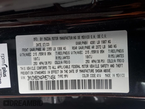 2023 Mazda CX-30 S Preferred with VIN 3MVDMBCM4PM571464, listed as a Copart auction lot 49984875 with 7,721 mi miles and Salvage title. Bid and sale history available at DreamBid. Image 12.