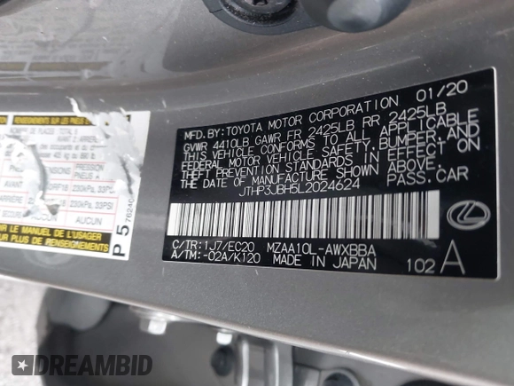 2020 Lexus UX with VIN JTHP3JBH5L2024624, listed as a IAAI auction lot 41826234 with 82,043 mi miles. Bid and sale history available at carsss.com. Image 9.