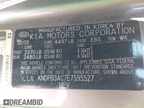 2014 Kia Sportage LX with VIN KNDPB3AC7E7595527, listed as a IAAI auction lot 42062615 with 64,777 mi miles. Bid and sale history available at carsss.com. Image 9.
