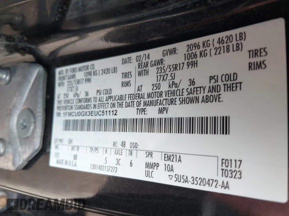 2014 Ford Escape SE с VIN 1FMCU0GX3EUC51112, выставлен на аукционе IAAI как лот 42033240 с пробегом 67 208 миль миль и . История ставок и продаж доступна на DreamBid. Изображение 9.