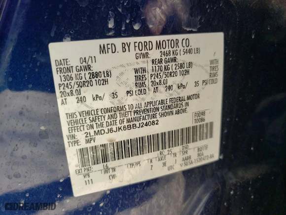 2011 Lincoln MKX with VIN 2LMDJ6JK6BBJ24082, listed as a Copart auction lot 46028724 with NaN miles and Salvage Title. Bid and sale history available at carsss.com. Image 13.