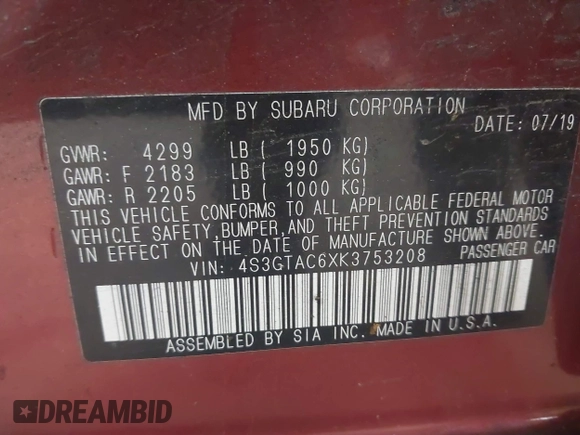 2019 Subaru Impreza Premium с VIN 4S3GTAC6XK3753208, выставлен на аукционе IAAI как лот 42346610 с пробегом 88 376 миль миль и . История ставок и продаж доступна на DreamBid. Изображение 9.