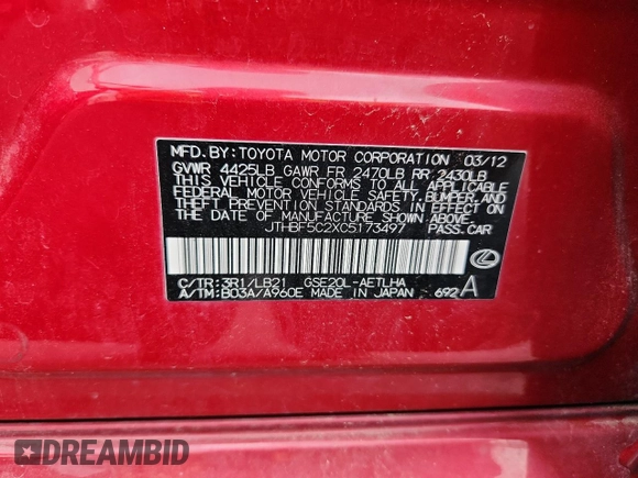 2012 Lexus IS 250 with VIN JTHBF5C2XC5173497, listed as a Copart auction lot 60824515 with 180,813 mi miles and Salvage title. Bid and sale history available at DreamBid. Image 12.