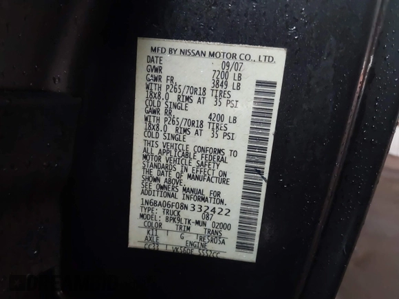 2008 Nissan Titan SE with VIN 1N6BA06F08N332422, listed as a IAAI auction lot 41557137 with 204,735 mi miles and . Bid and sale history available at DreamBid. Image 9.