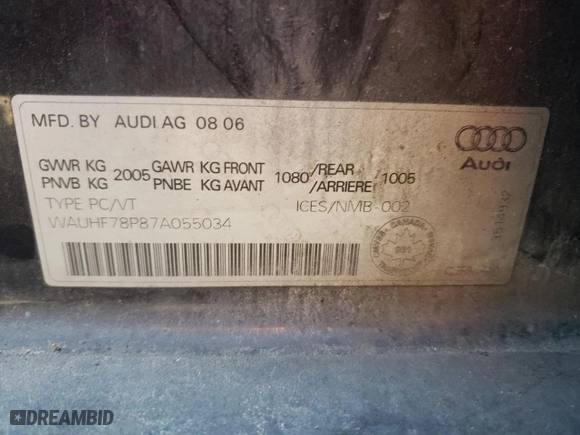 2007 Audi A3 with VIN WAUHF78P87A055034, listed as a Copart auction lot 77114164 with 234710 miles and Salvage Title. Bid and sale history available at carsss.com. Image 12.