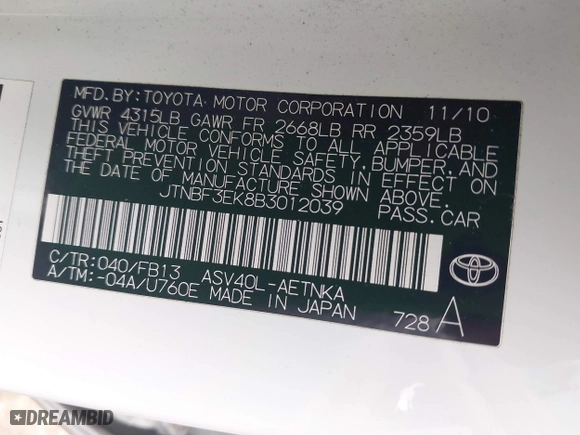 2011 Toyota Camry LE with VIN JTNBF3EK8B3012039, listed as a IAAI auction lot 41980486 with 1 mi miles. Bid and sale history available at carsss.com. Image 9.