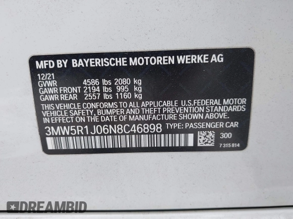 2022 BMW 3 Series 330i with VIN 3MW5R1J06N8C46898, listed as a IAAI auction lot 41715618 with 44,533 mi miles. Bid and sale history available at carsss.com. Image 9.