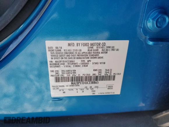 2018 Ford EcoSport SE with VIN MAJ3P1TE4JC238865, listed as a Copart auction lot 51998115 with 95,628 mi miles and Clean Title. Bid and sale history available at DreamBid. Image 14.