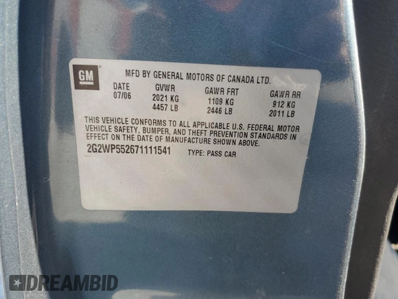 2007 Pontiac Grand Prix with VIN 2G2WP552671111541, listed as a Copart auction lot 48429185 with Not provided miles and Salvage title. Bid and sale history available at DreamBid. Image 15.