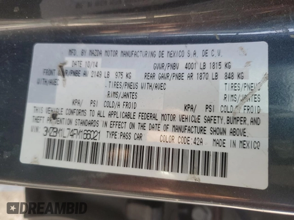 2015 Mazda 3 i Touring with VIN 3MZBM1L74FM166021, listed as a Copart auction lot 53282395 with 127,528 mi miles and Salvage Title. Bid and sale history available at DreamBid. Image 14.