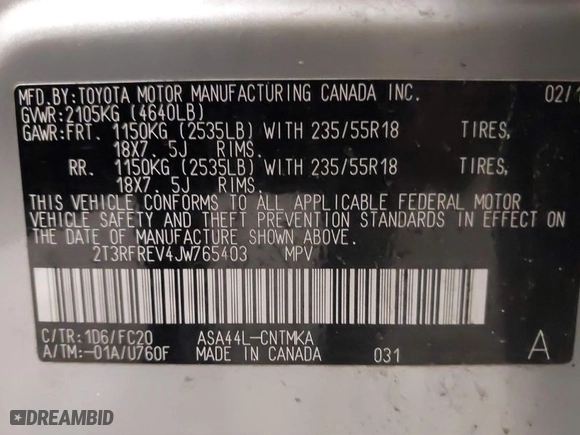 2018 Toyota RAV4 XLE with VIN 2T3RFREV4JW765403, listed as a IAAI auction lot 41853982 with 113,531 mi miles. Bid and sale history available at carsss.com. Image 9.