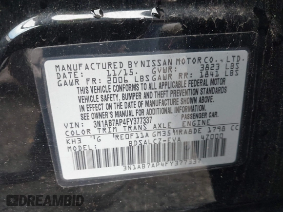 2015 Nissan Sentra SR with VIN 3N1AB7AP4FY377337, listed as a IAAI auction lot 41537192 with Not Provided miles and . Bid and sale history available at DreamBid. Image 9.