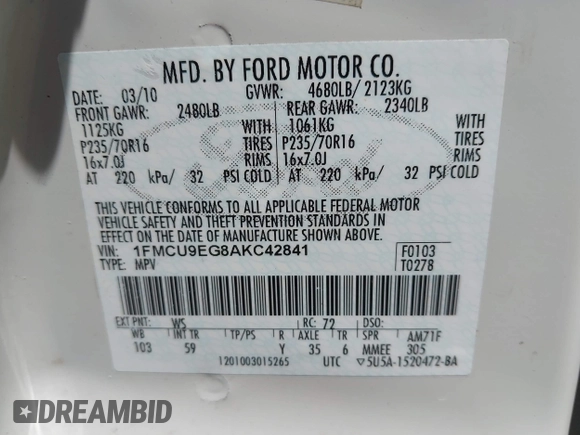 2010 Ford Escape Limited with VIN 1FMCU9EG8AKC42841, listed as a IAAI auction lot 42492355 with 159,939 mi miles and . Bid and sale history available at DreamBid. Image 9.