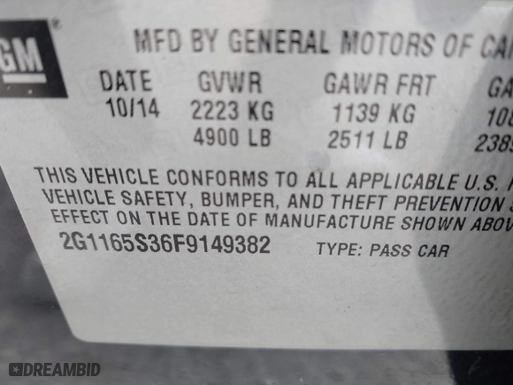 2015 Chevrolet Impala LTZ with VIN 2G1165S36F9149382, listed as a IAAI auction lot 41481211 with 195,516 mi miles. Bid and sale history available at carsss.com. Image 9.