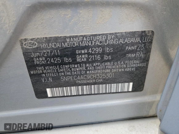2012 Hyundai Sonata Limited with VIN 5NPEC4AC9CH325301, listed as a Copart auction lot 55171175 with 144,376 mi miles and Clean Title. Bid and sale history available at carsss.com. Image 12.