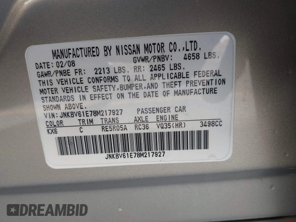 2008 Infiniti G35 Journey z VIN JNKBV61E78M217927, wystawiony jako IAAI lot #42651058 z przebiegiem 204 792 mil mil oraz . Historia ofert i sprzedaży dostępna na DreamBid. Obrazek 9.