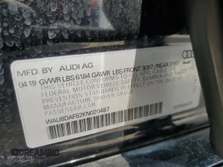 2019 Audi A8 with VIN WAU8DAF82KN020487, listed as a Copart auction lot 60214005 with 75,895 mi miles and Salvage title. Bid and sale history available at DreamBid. Image 12.