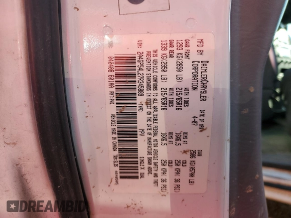 2007 Chrysler Town & Country LWB Touring with VIN 2A4GP54L27R345889, listed as a Copart auction lot 74105614 with 244,487 mi miles and Salvage Title. Bid and sale history available at carsss.com. Image 15.