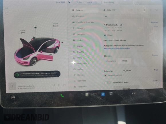 2022 Tesla Model 3 Long Range with VIN 5YJ3E1EBXNF188596, listed as a Copart auction lot 51846915 with 49,271 mi miles and Non Repairable. Bid and sale history available at carsss.com. Image 9.