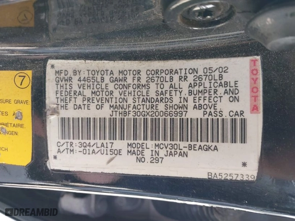 2002 Lexus ES 300 with VIN JTHBF30GX20066997, listed as a IAAI auction lot 41382708 with 142,135 mi miles. Bid and sale history available at carsss.com. Image 9.