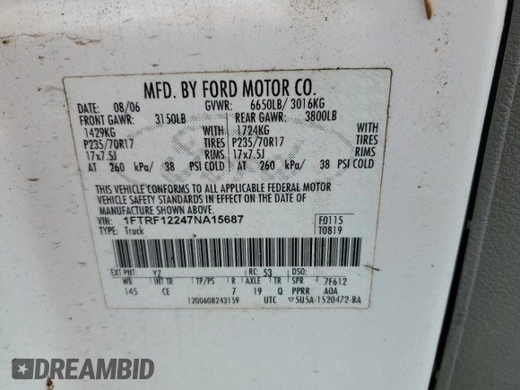 2007 Ford F-150 XL with VIN 1FTRF12247NA15687, listed as a Copart auction lot 57956945 with 303,421 mi miles and Clean title. Bid and sale history available at DreamBid. Image 12.