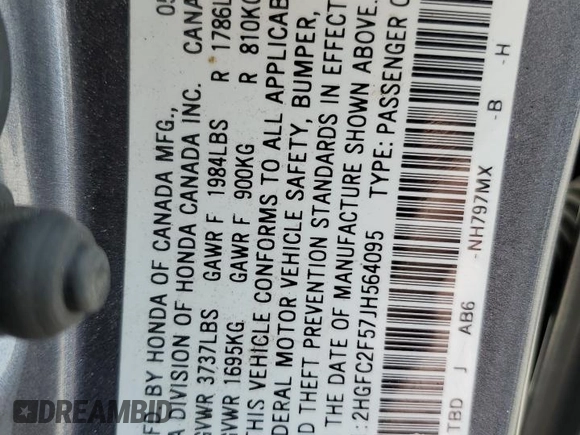 2018 Honda Civic Sedan LX with VIN 2HGFC2F57JH564095, listed as a Copart auction lot 48989425 with 167,925 mi miles and Salvage Title. Bid and sale history available at carsss.com. Image 14.