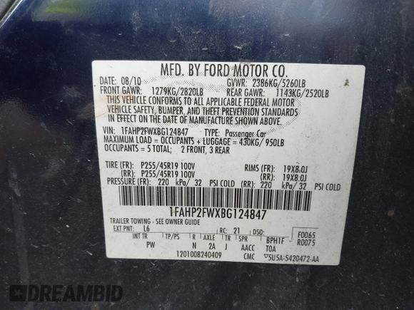 2011 Ford Taurus Limited with VIN 1FAHP2FWXBG124847, listed as a IAAI auction lot 42677633 with 273,950 mi miles and . Bid and sale history available at DreamBid. Image 9.