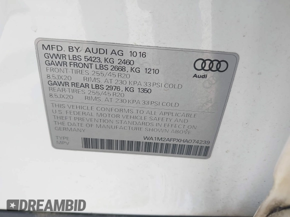 2017 Audi Q5 Premium Plus z VIN WA1M2AFPXHA074239, wystawiony jako IAAI lot #42200424 z przebiegiem 77 540 mil mil oraz . Historia ofert i sprzedaży dostępna na DreamBid. Obrazek 9.