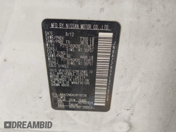 2012 Infiniti QX56 8-passenger with VIN JN8AZ2ND4C9716728, listed as a IAAI auction lot 42501339 with 216,302 mi miles and . Bid and sale history available at DreamBid. Image 9.