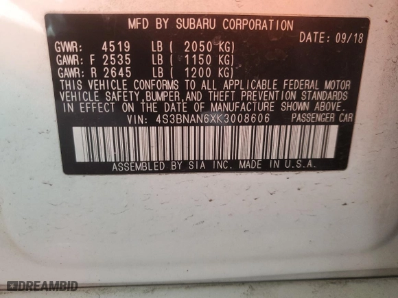 2019 Subaru Legacy Limited with VIN 4S3BNAN6XK3008606, listed as a Copart auction lot 46222465 with 103442 miles and Salvage Title. Bid and sale history available at carsss.com. Image 13.