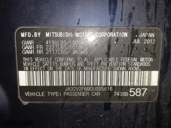 2013 Mitsubishi Lancer SE with VIN JA32V2FW9DU005616, listed as a IAAI auction lot 41247087 with 129,055 mi miles. Bid and sale history available at carsss.com. Image 9.